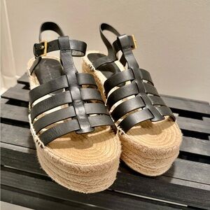 Tory Burch Fisherman Platform Espadrille Wedge Sandals Black Leather Size 8